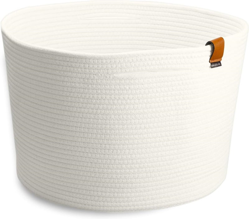 DENJA & CO Extra Large Blanket Basket for Living Room - White Farmhouse Woven Baskets for Storage | Cotton Rope Large Baskets for Blankets, Pillows, Toys, or Laundry | Ivory White (21" Wide x 13.8" Tall) - Image 1